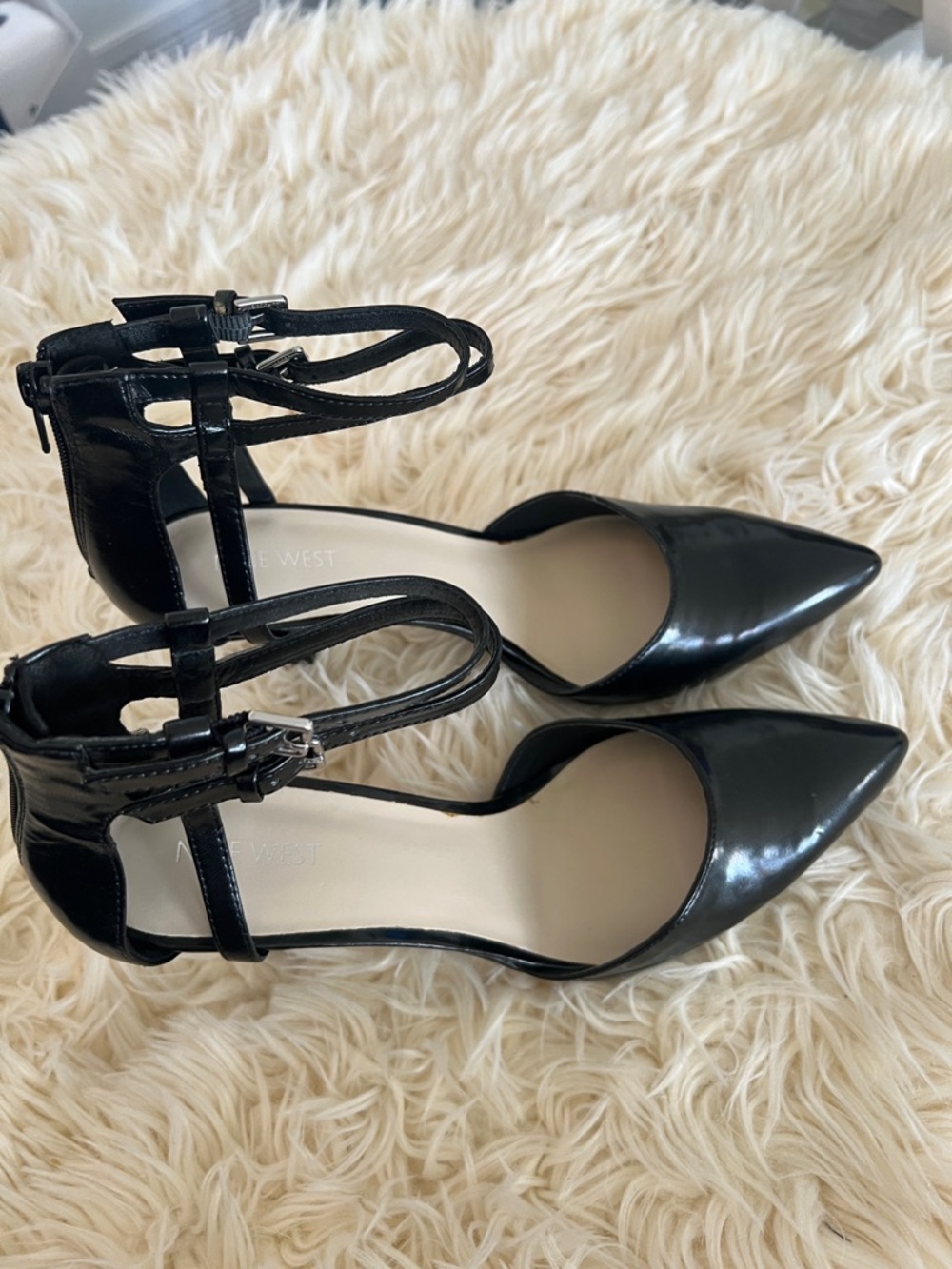 Nine West Black Patent Pointed Ankle-Strap Heels